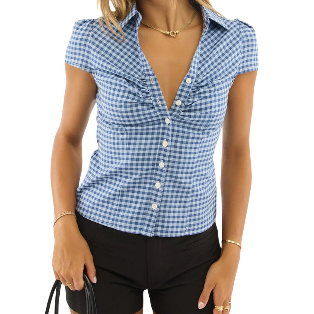 Women s Short Sleeve Plaid Shirt with Button Closure Stylish Summer Top for Everyday Casual Wear in the City