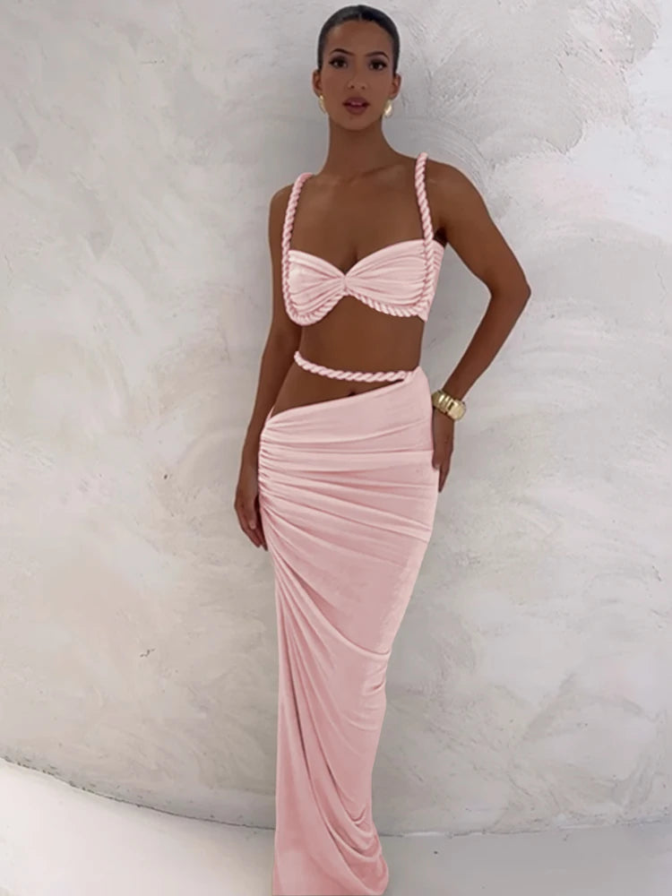 Weird Puss Square Collar 2 Piece Set Women Bra+Skinny Long Skirts Bandage Ruched 2025 Summer Vacation Beach Party Trend Suits